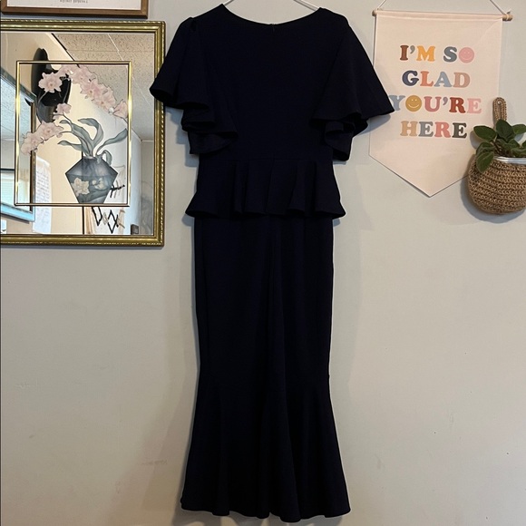 NWOT Elegant Navy Blue Ruffle Short Sleeve Fishtail Peplum Midi Dress Small - Picture 10 of 16